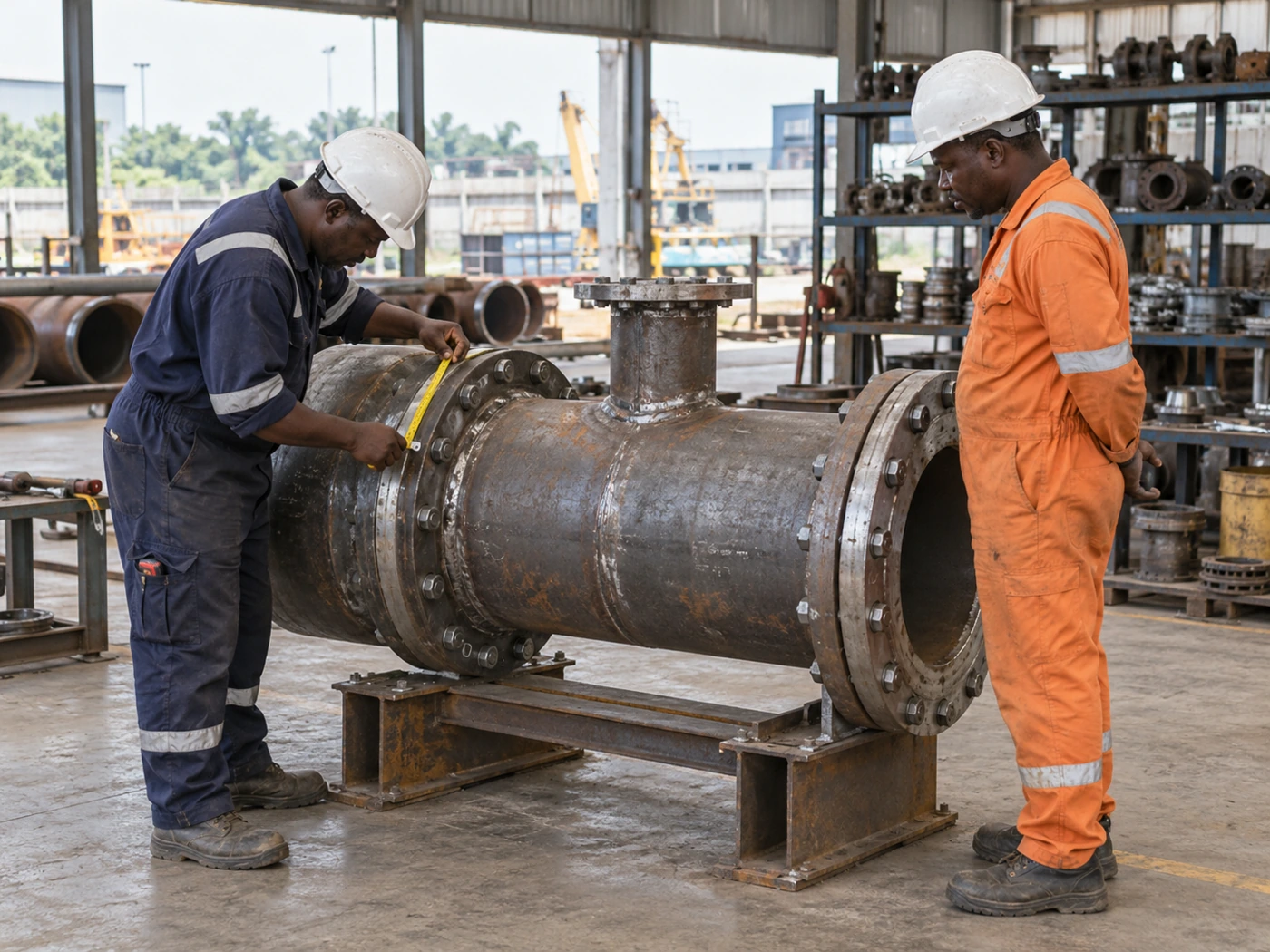 Technicians checking pipe spool fabrication in a workshop
