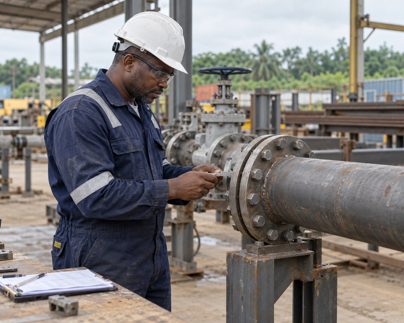 Quality-control inspector checking a fabricated pipe flange
